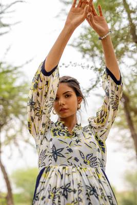 White hand block printed chiffon dress with inner 3