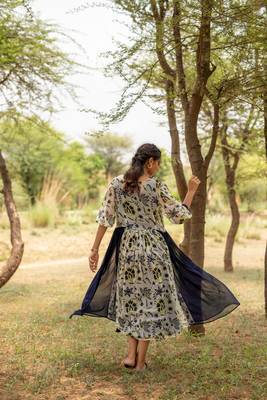 White hand block printed chiffon dress with inner 5