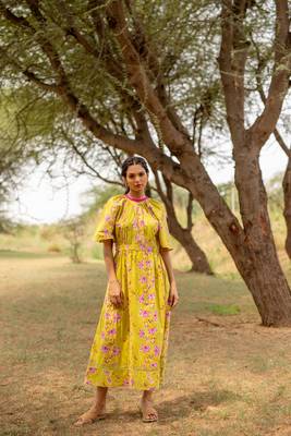 Green hand block printed cotton midi 1