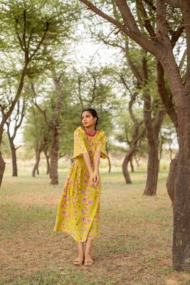 Green hand block printed cotton midi 2