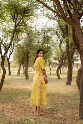 Green hand block printed cotton midi 3