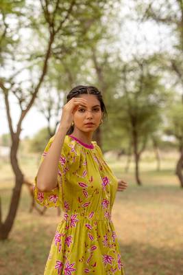 Green hand block printed cotton midi 5