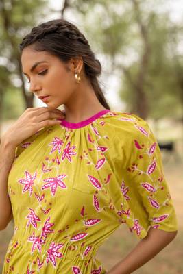 Green hand block printed cotton midi 6