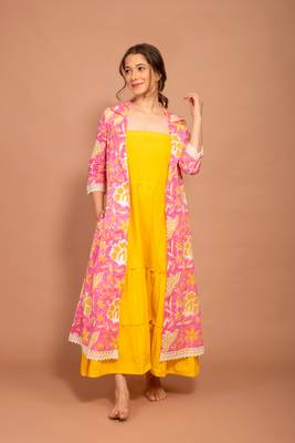 Pink hand block printed cotton jacket with yellow tiered dress 1