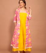 Pink hand block printed cotton jacket with yellow tiered dress