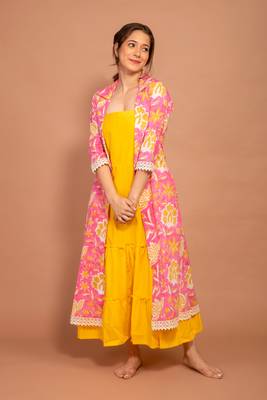 Pink hand block printed cotton jacket with yellow tiered dress 2
