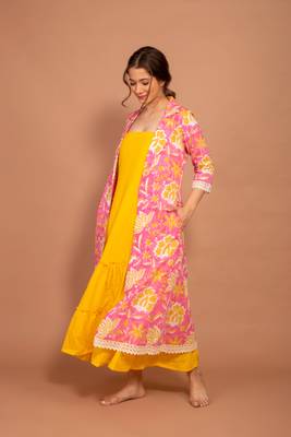 Pink hand block printed cotton jacket with yellow tiered dress 3