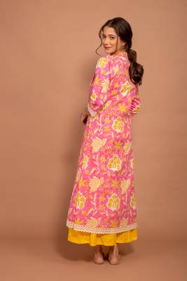 Pink hand block printed cotton jacket with yellow tiered dress 4