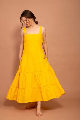 Pink hand block printed cotton jacket with yellow tiered dress 5