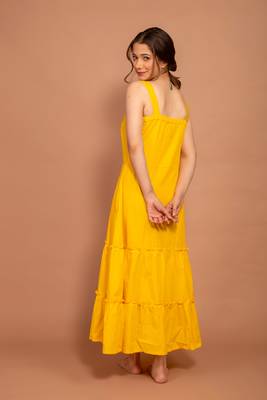 Pink hand block printed cotton jacket with yellow tiered dress 6