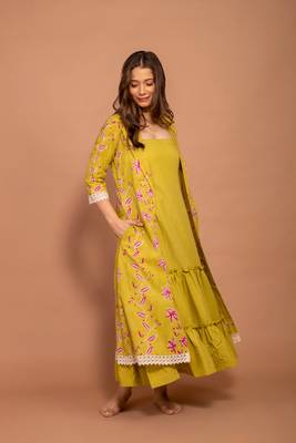Green hand block printed cotton jacket with green tiered dress 1