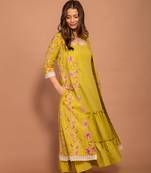 Green hand block printed cotton jacket with green tiered dress