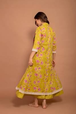 Green hand block printed cotton jacket with green tiered dress 2