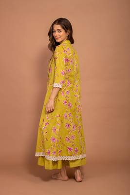 Green hand block printed cotton jacket with green tiered dress 3