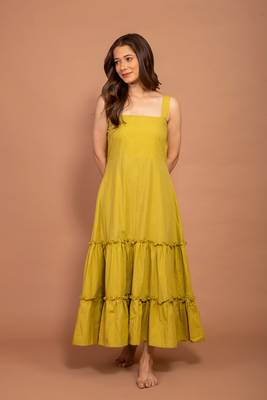 Green hand block printed cotton jacket with green tiered dress 4