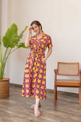 Red hand block printed cotton trench dress 1