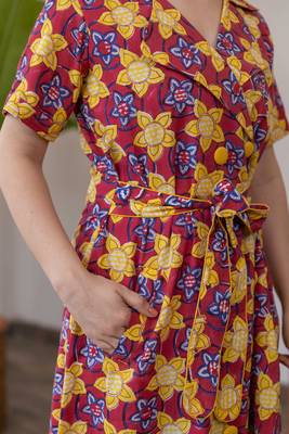 Red hand block printed cotton trench dress 4