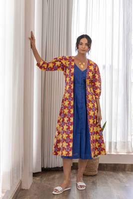 Red hand block printed cotton jacket with blue dress 1