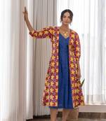 Red hand block printed cotton jacket with blue dress