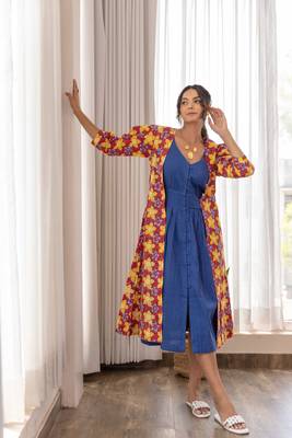 Red hand block printed cotton jacket with blue dress 2