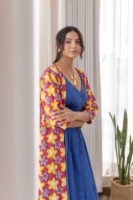 Red hand block printed cotton jacket with blue dress 3