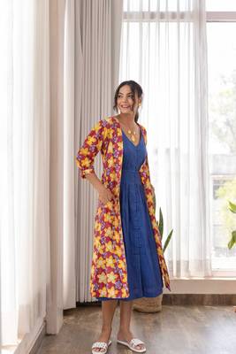 Red hand block printed cotton jacket with blue dress 4