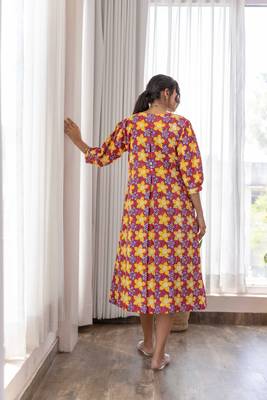 Red hand block printed cotton jacket with blue dress 5