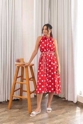 Red polka hand block printed midi dress with belt 1