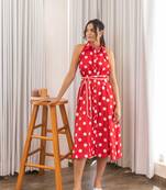 Red polka hand block printed midi dress with belt