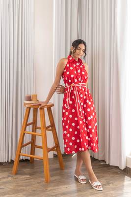 Red polka hand block printed midi dress with belt 2