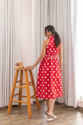 Red polka hand block printed midi dress with belt 3