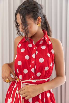 Red polka hand block printed midi dress with belt 6