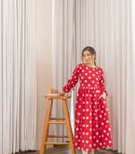 Red polka hand block printed midi dress