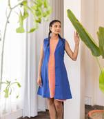 Bkue hand dyed cotton jacket with orange hand printed dress