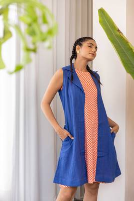 Bkue hand dyed cotton jacket with orange hand printed dress 3