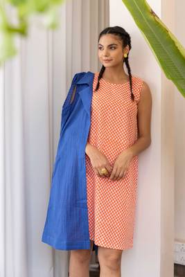 Bkue hand dyed cotton jacket with orange hand printed dress 5