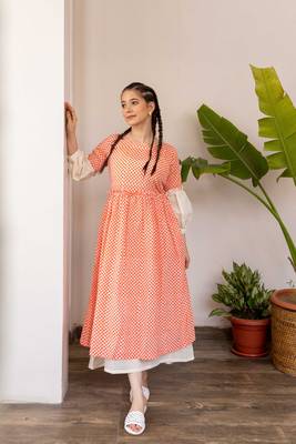 Orange hand block printed cotton dress with white inner dress 1