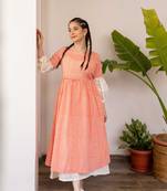 Orange hand block printed cotton dress with white inner dress