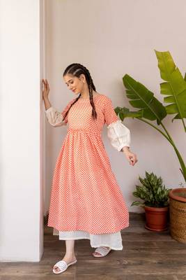 Orange hand block printed cotton dress with white inner dress 2
