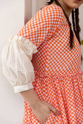 Orange hand block printed cotton dress with white inner dress 4