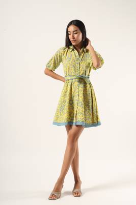 Yellow hand block printed mul short dress 1