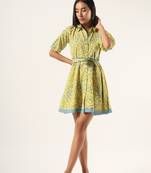 Yellow hand block printed mul short dress