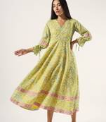 Yellow hand block printed mul midi dress