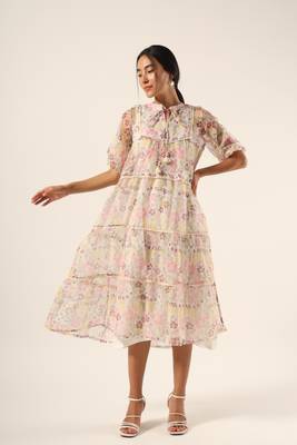 White hand block printed kota cotton tiered dress 1