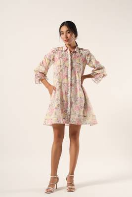 White hand block printed kota cotton short dress 1