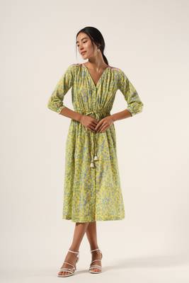 Yellow hand block printed mul drawstring dress 1