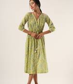 Yellow hand block printed mul drawstring dress