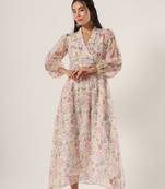 White hand block printed kota cotton dress