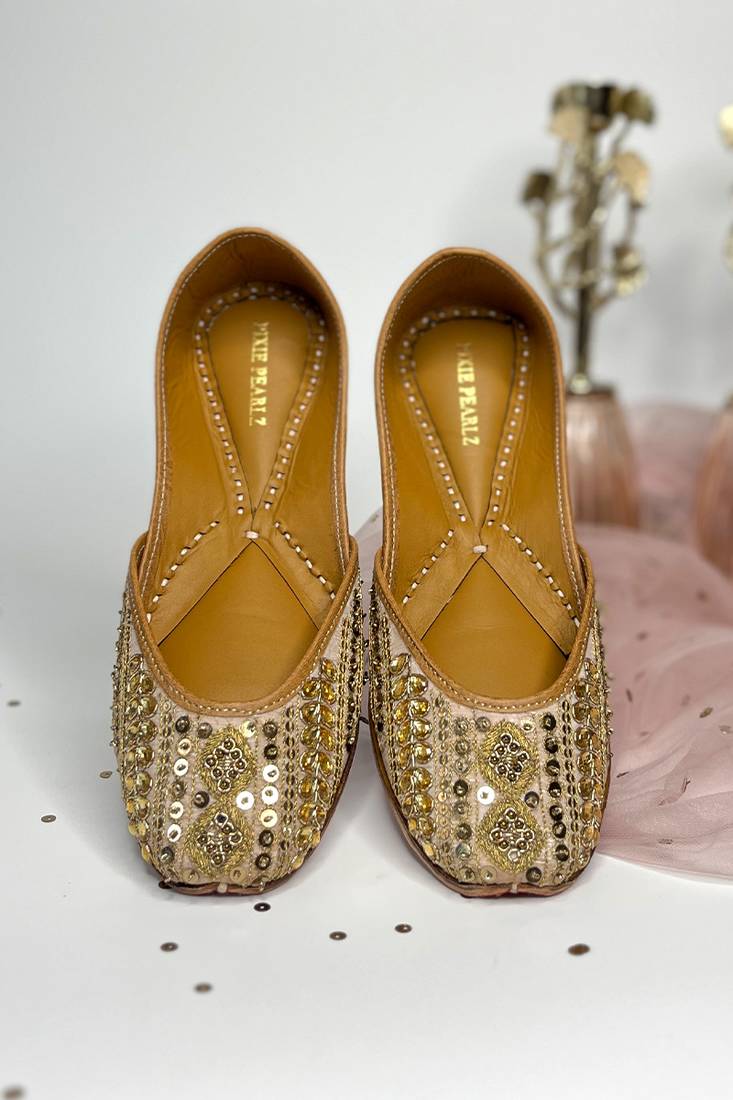 BIBA: Hand embroidery Punjai Jutti - Rose Gold - Kundan and sequins work on silk base