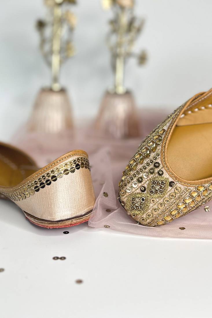 BIBA: Hand embroidery Punjai Jutti - Rose Gold - Kundan and sequins work on silk base